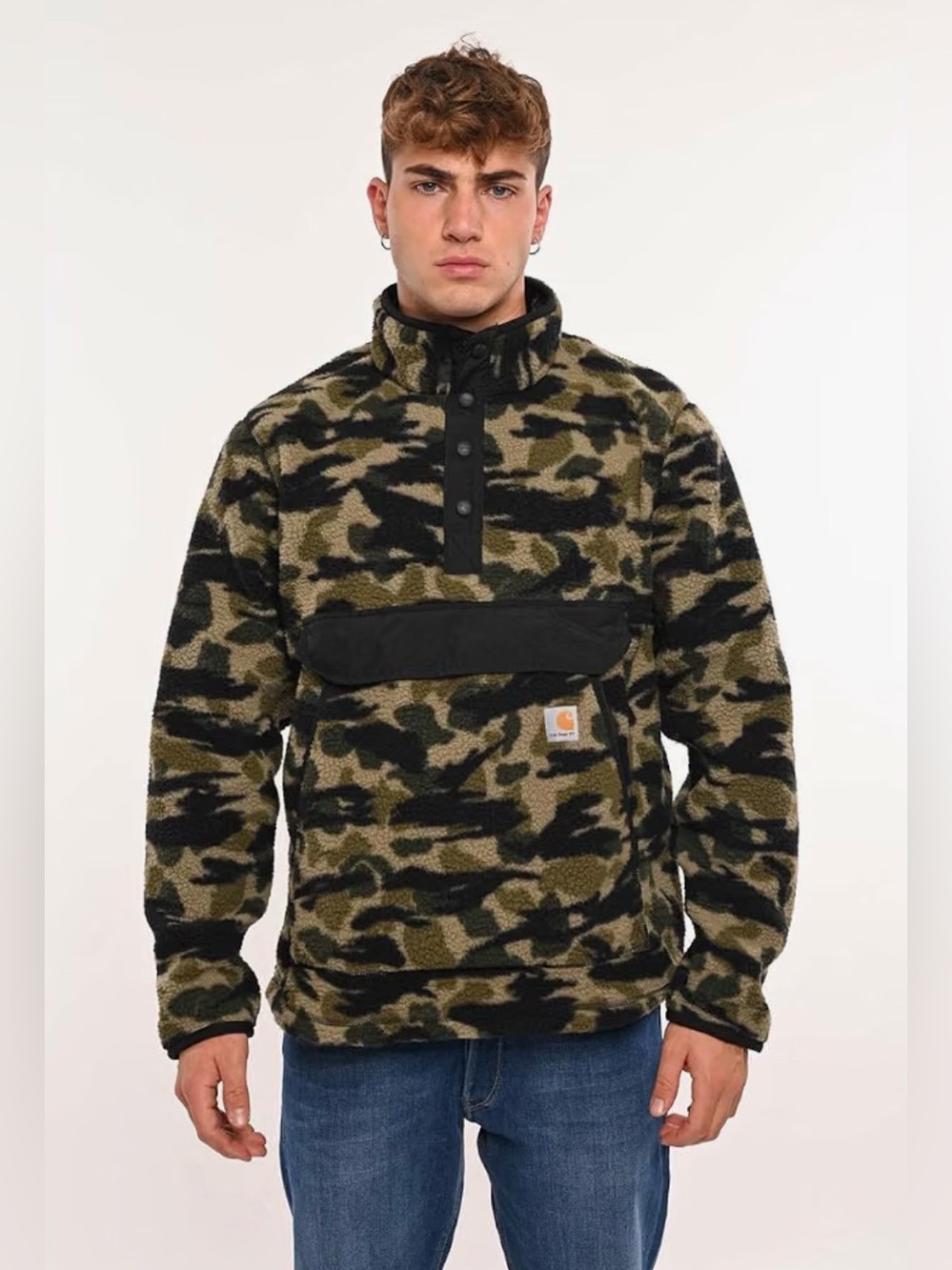 Carhartt Men’s Olive and Black Camo Sherpa Pullover- relaxed fit